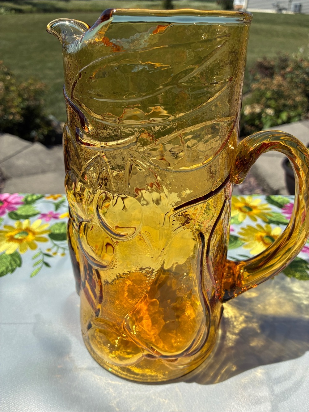 Amber Pressed Glass Pitcher with Fruit Motif